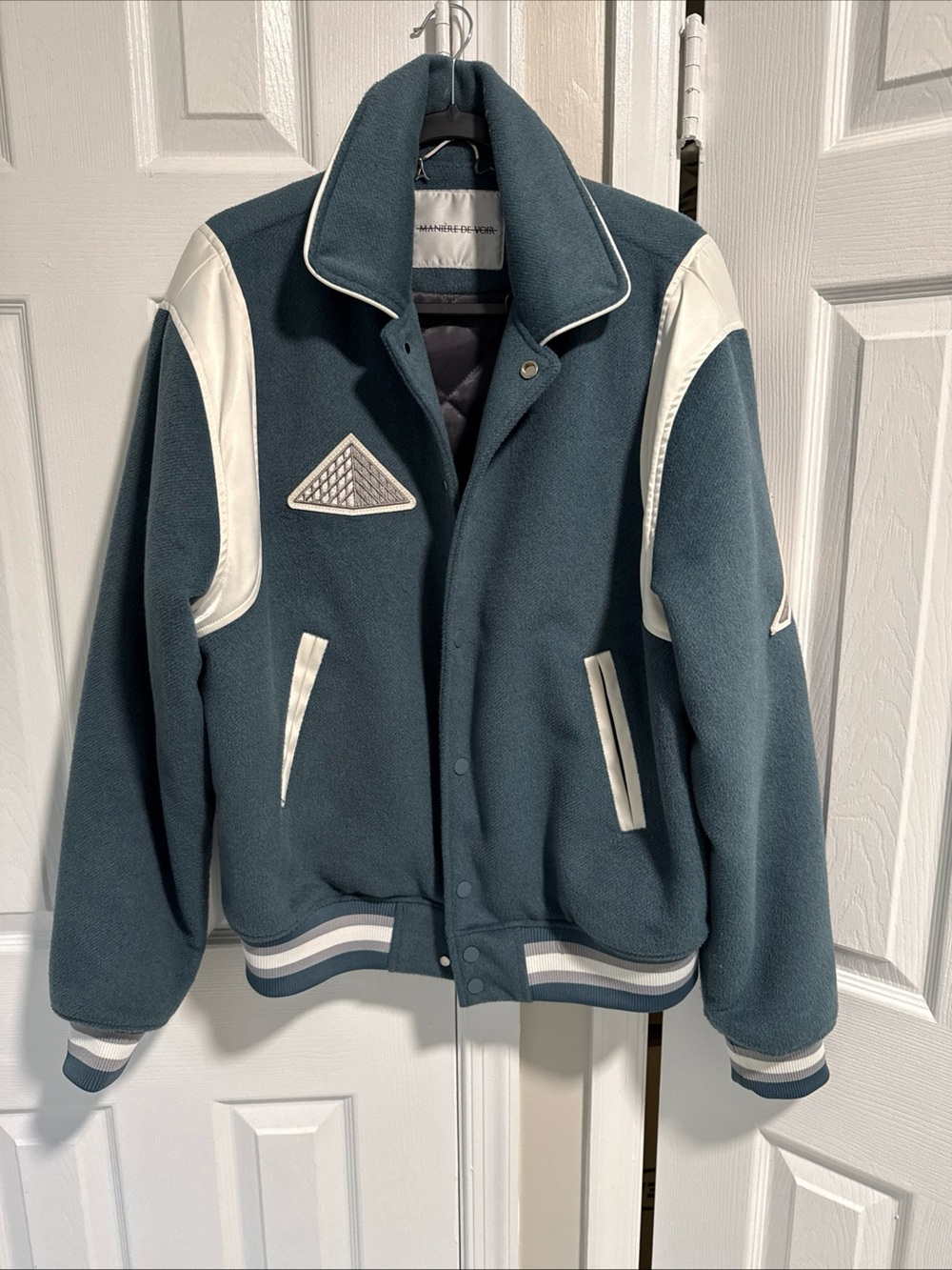 Manière De Voir Teal and White Varsity Bomber Jacket